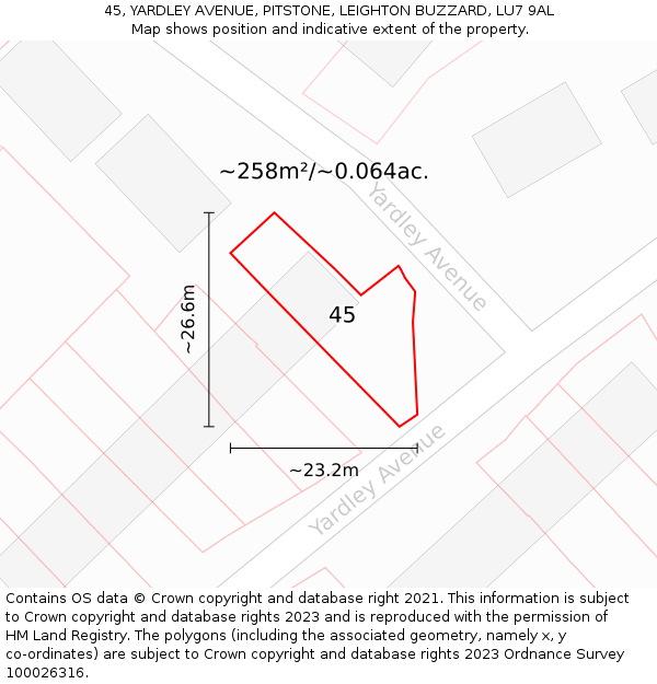 45, YARDLEY AVENUE, PITSTONE, LEIGHTON BUZZARD, LU7 9AL: Plot and title map