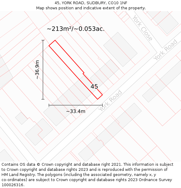 45, YORK ROAD, SUDBURY, CO10 1NF: Plot and title map