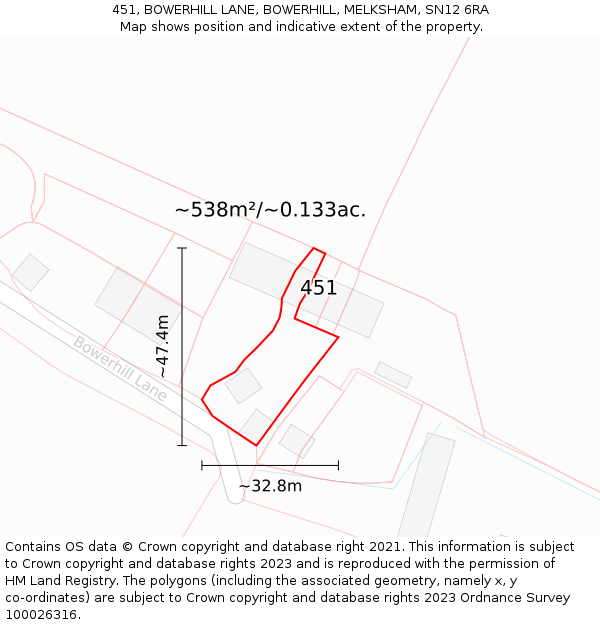 451, BOWERHILL LANE, BOWERHILL, MELKSHAM, SN12 6RA: Plot and title map