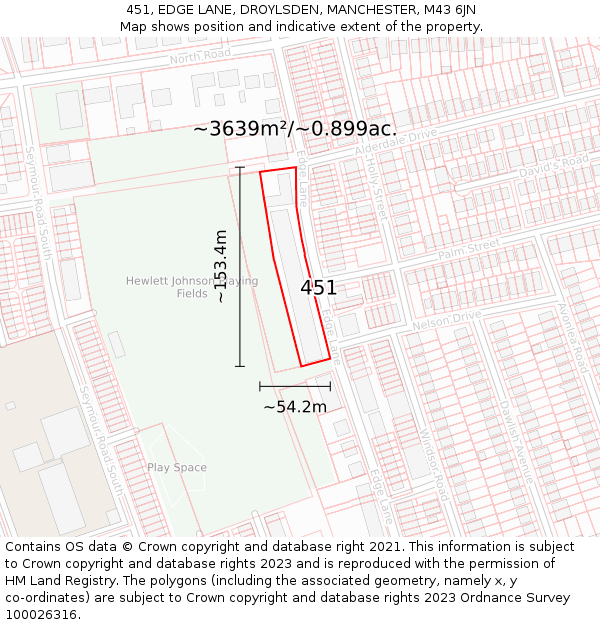 451, EDGE LANE, DROYLSDEN, MANCHESTER, M43 6JN: Plot and title map
