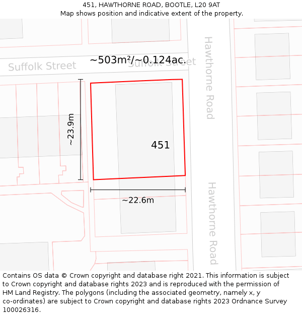 451, HAWTHORNE ROAD, BOOTLE, L20 9AT: Plot and title map