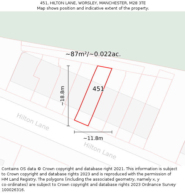 451, HILTON LANE, WORSLEY, MANCHESTER, M28 3TE: Plot and title map