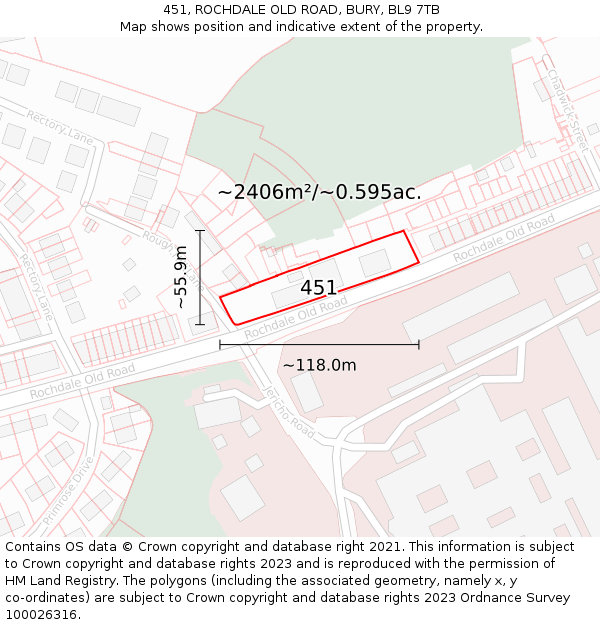 451, ROCHDALE OLD ROAD, BURY, BL9 7TB: Plot and title map