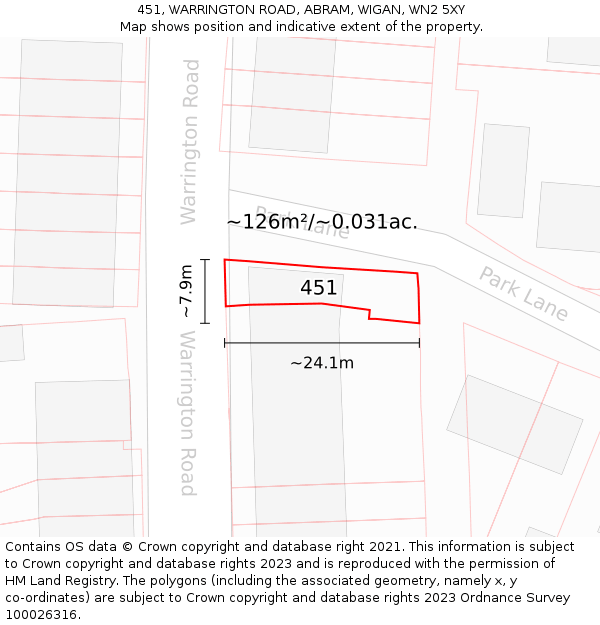 451, WARRINGTON ROAD, ABRAM, WIGAN, WN2 5XY: Plot and title map