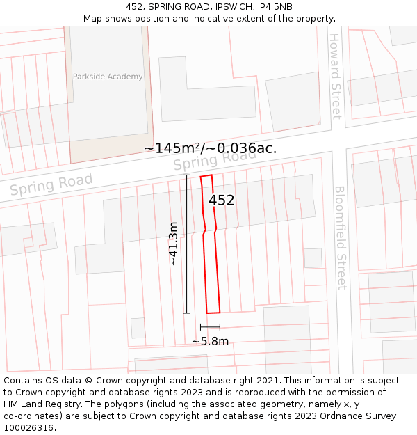 452, SPRING ROAD, IPSWICH, IP4 5NB: Plot and title map