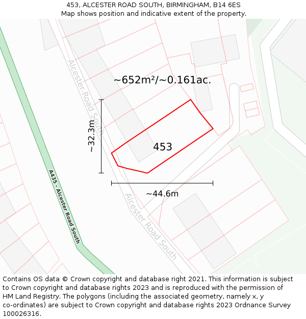 453, ALCESTER ROAD SOUTH, BIRMINGHAM, B14 6ES: Plot and title map