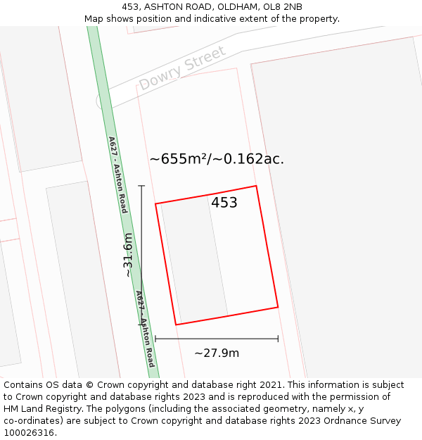 453, ASHTON ROAD, OLDHAM, OL8 2NB: Plot and title map