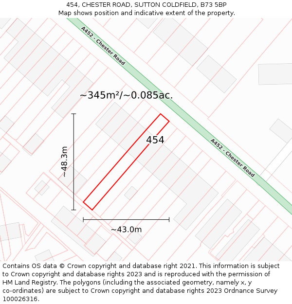 454, CHESTER ROAD, SUTTON COLDFIELD, B73 5BP: Plot and title map