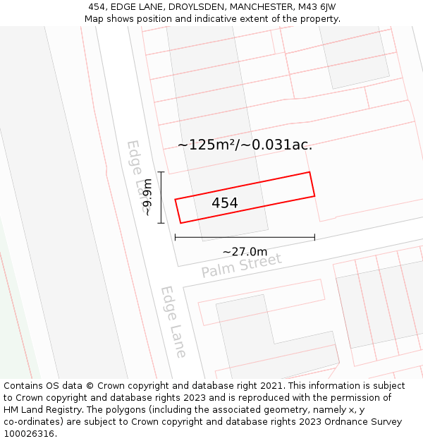 454, EDGE LANE, DROYLSDEN, MANCHESTER, M43 6JW: Plot and title map
