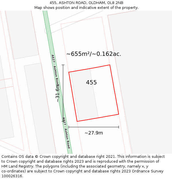 455, ASHTON ROAD, OLDHAM, OL8 2NB: Plot and title map