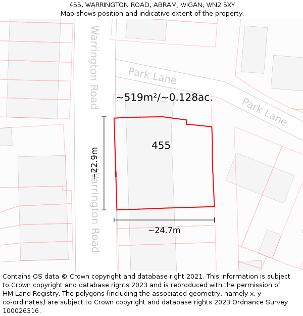 455, WARRINGTON ROAD, ABRAM, WIGAN, WN2 5XY: Plot and title map