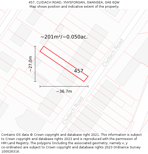 457, CLYDACH ROAD, YNYSFORGAN, SWANSEA, SA6 6QW: Plot and title map