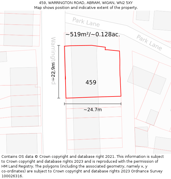 459, WARRINGTON ROAD, ABRAM, WIGAN, WN2 5XY: Plot and title map