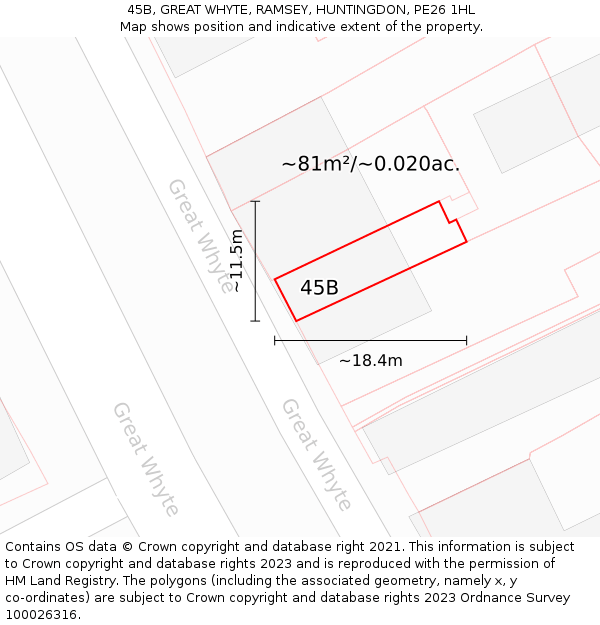 45B, GREAT WHYTE, RAMSEY, HUNTINGDON, PE26 1HL: Plot and title map