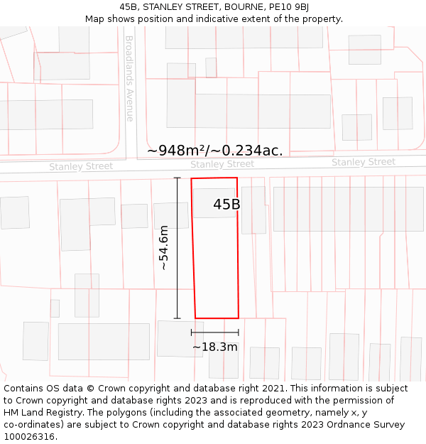 45B, STANLEY STREET, BOURNE, PE10 9BJ: Plot and title map