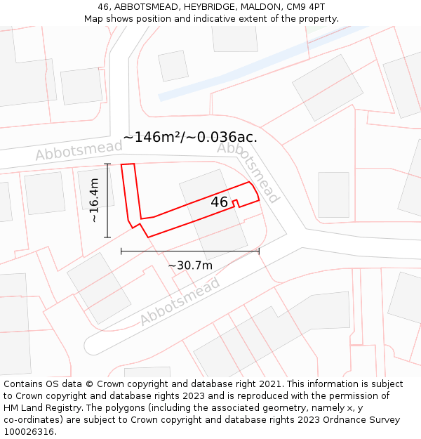 46, ABBOTSMEAD, HEYBRIDGE, MALDON, CM9 4PT: Plot and title map