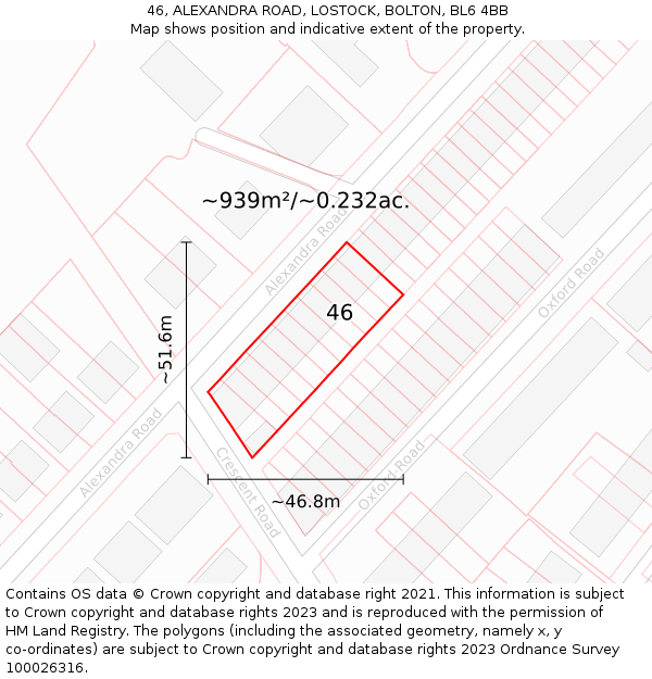 46, ALEXANDRA ROAD, LOSTOCK, BOLTON, BL6 4BB: Plot and title map