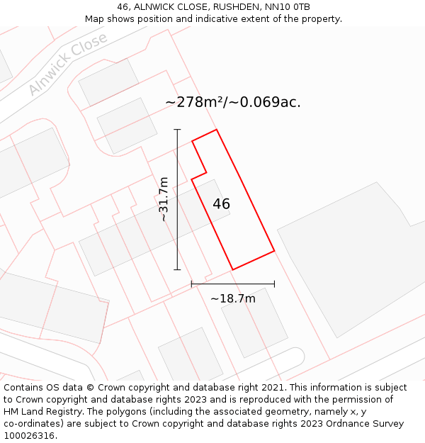 46, ALNWICK CLOSE, RUSHDEN, NN10 0TB: Plot and title map