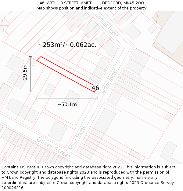 46, ARTHUR STREET, AMPTHILL, BEDFORD, MK45 2QQ: Plot and title map
