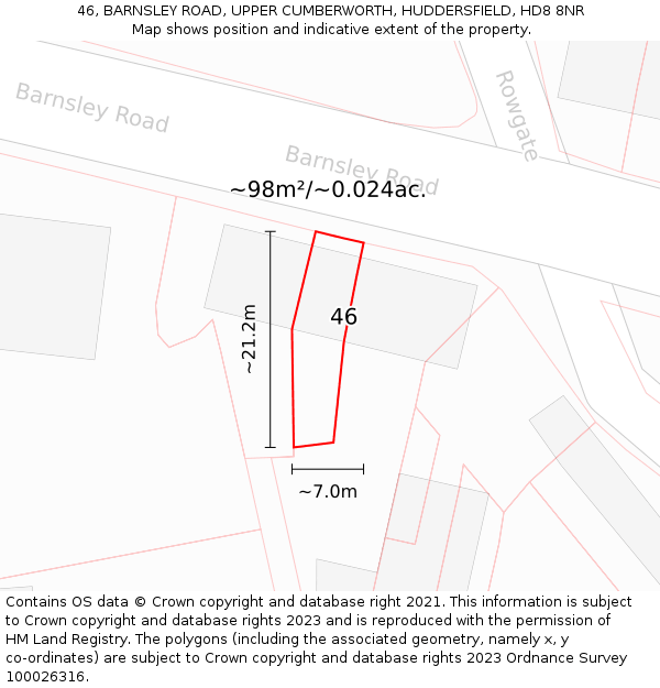 46, BARNSLEY ROAD, UPPER CUMBERWORTH, HUDDERSFIELD, HD8 8NR: Plot and title map