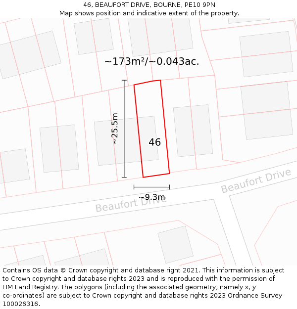 46, BEAUFORT DRIVE, BOURNE, PE10 9PN: Plot and title map