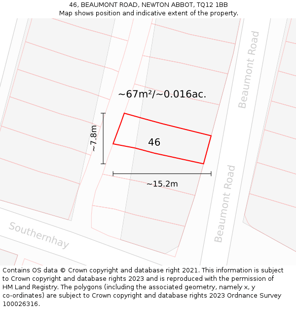 46, BEAUMONT ROAD, NEWTON ABBOT, TQ12 1BB: Plot and title map