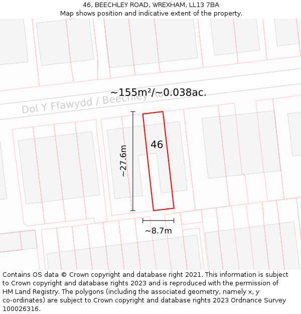 46, BEECHLEY ROAD, WREXHAM, LL13 7BA: Plot and title map