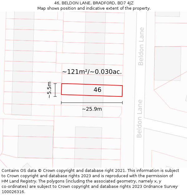 46, BELDON LANE, BRADFORD, BD7 4JZ: Plot and title map