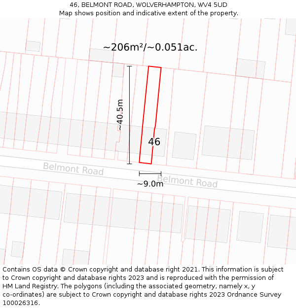 46, BELMONT ROAD, WOLVERHAMPTON, WV4 5UD: Plot and title map