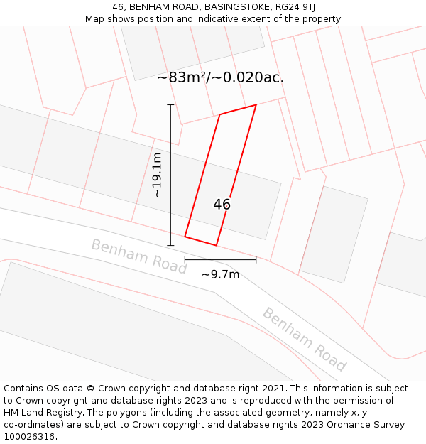 46, BENHAM ROAD, BASINGSTOKE, RG24 9TJ: Plot and title map