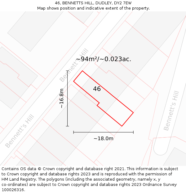 46, BENNETTS HILL, DUDLEY, DY2 7EW: Plot and title map