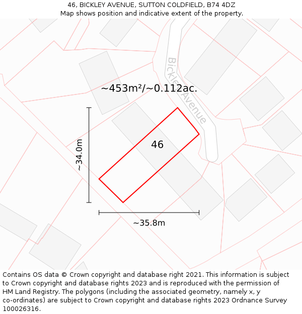 46, BICKLEY AVENUE, SUTTON COLDFIELD, B74 4DZ: Plot and title map