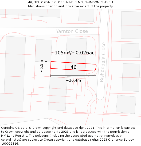 46, BISHOPDALE CLOSE, NINE ELMS, SWINDON, SN5 5UJ: Plot and title map