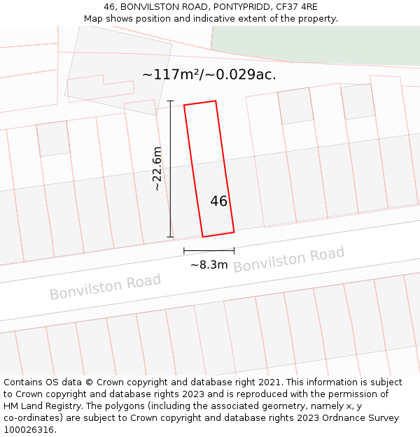 46, BONVILSTON ROAD, PONTYPRIDD, CF37 4RE: Plot and title map