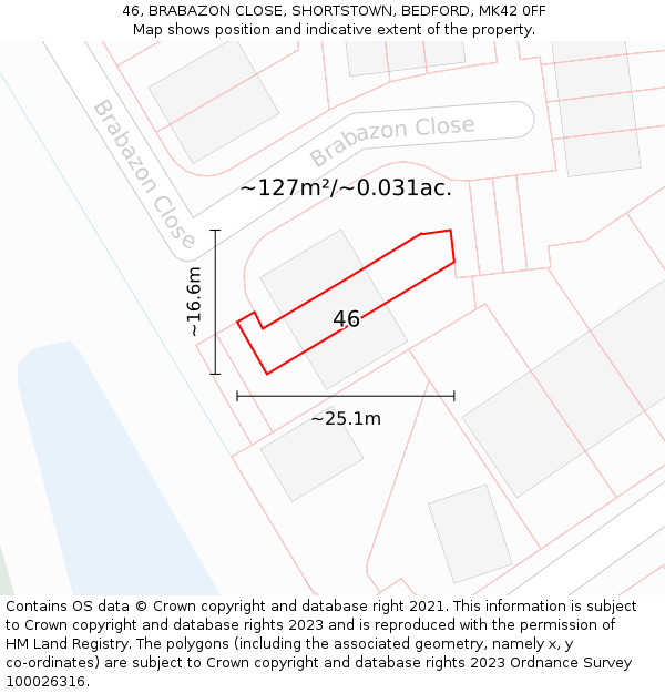 46, BRABAZON CLOSE, SHORTSTOWN, BEDFORD, MK42 0FF: Plot and title map