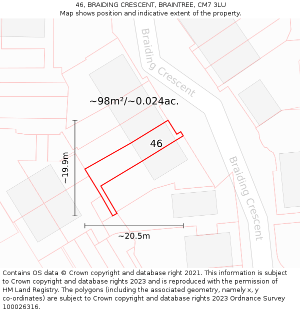 46, BRAIDING CRESCENT, BRAINTREE, CM7 3LU: Plot and title map