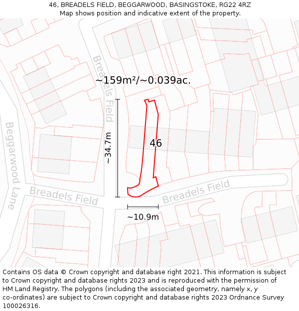 46, BREADELS FIELD, BEGGARWOOD, BASINGSTOKE, RG22 4RZ: Plot and title map