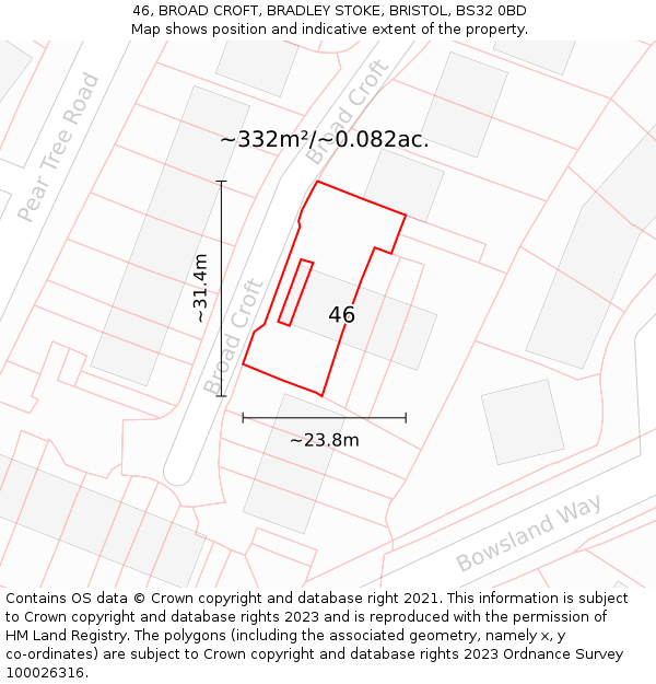 46, BROAD CROFT, BRADLEY STOKE, BRISTOL, BS32 0BD: Plot and title map