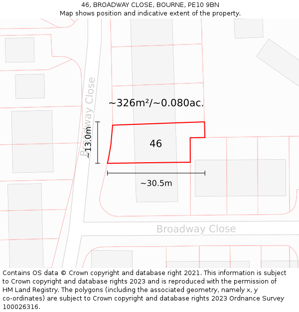 46, BROADWAY CLOSE, BOURNE, PE10 9BN: Plot and title map