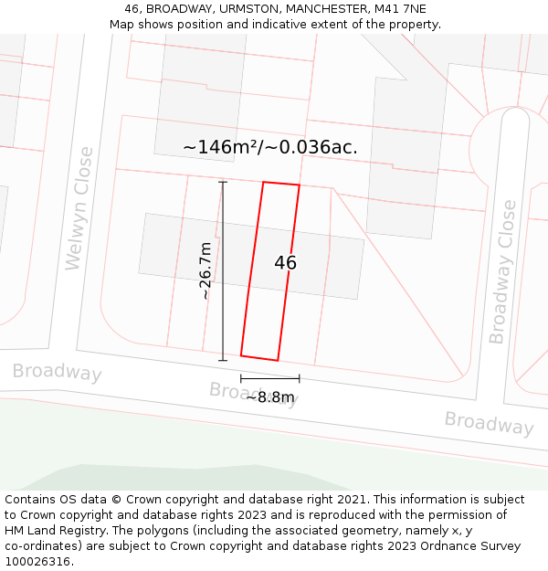 46, BROADWAY, URMSTON, MANCHESTER, M41 7NE: Plot and title map