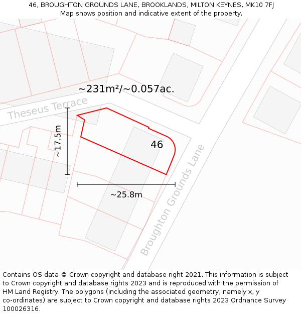 46, BROUGHTON GROUNDS LANE, BROOKLANDS, MILTON KEYNES, MK10 7FJ: Plot and title map