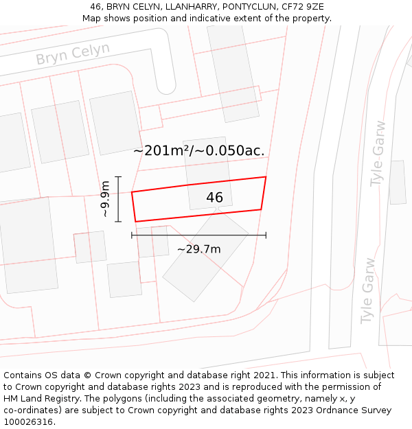 46, BRYN CELYN, LLANHARRY, PONTYCLUN, CF72 9ZE: Plot and title map