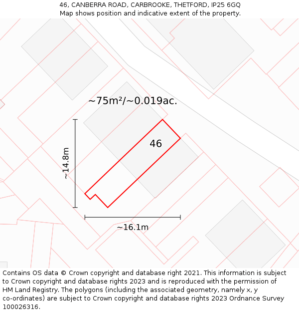 46, CANBERRA ROAD, CARBROOKE, THETFORD, IP25 6GQ: Plot and title map