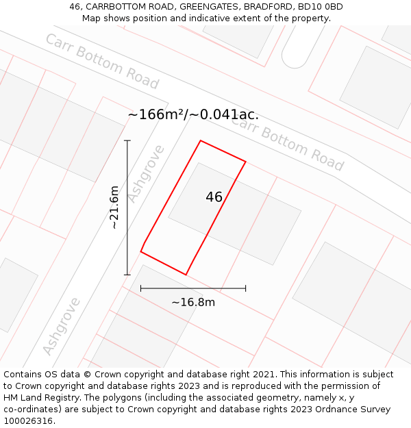 46, CARRBOTTOM ROAD, GREENGATES, BRADFORD, BD10 0BD: Plot and title map