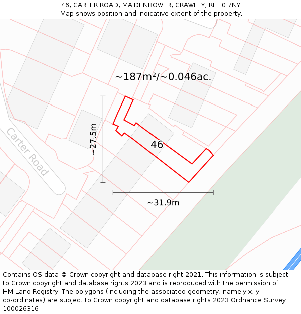 46, CARTER ROAD, MAIDENBOWER, CRAWLEY, RH10 7NY: Plot and title map