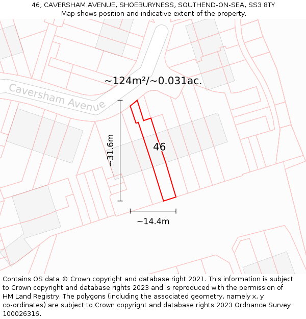 46, CAVERSHAM AVENUE, SHOEBURYNESS, SOUTHEND-ON-SEA, SS3 8TY: Plot and title map