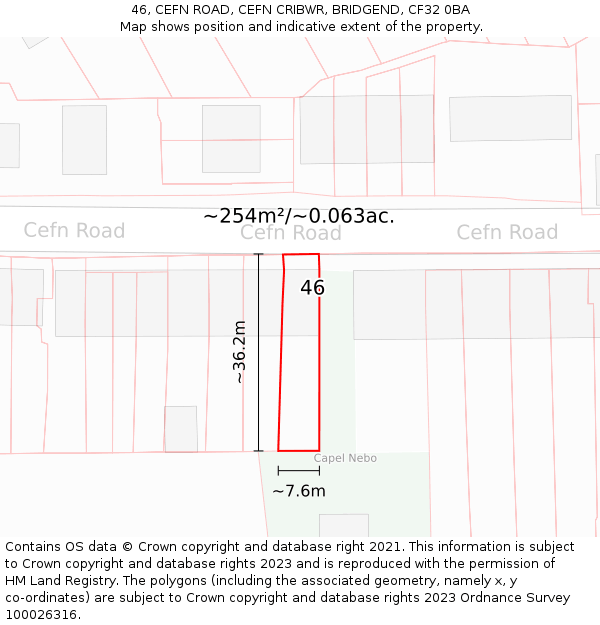 46, CEFN ROAD, CEFN CRIBWR, BRIDGEND, CF32 0BA: Plot and title map