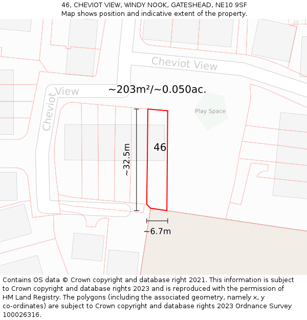 46, CHEVIOT VIEW, WINDY NOOK, GATESHEAD, NE10 9SF: Plot and title map