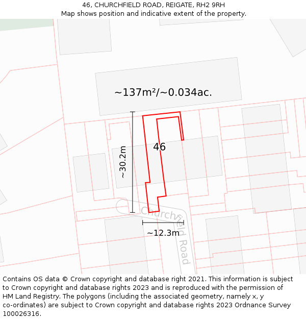 46, CHURCHFIELD ROAD, REIGATE, RH2 9RH: Plot and title map