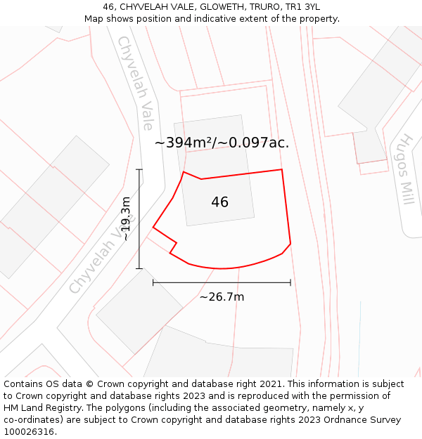 46, CHYVELAH VALE, GLOWETH, TRURO, TR1 3YL: Plot and title map